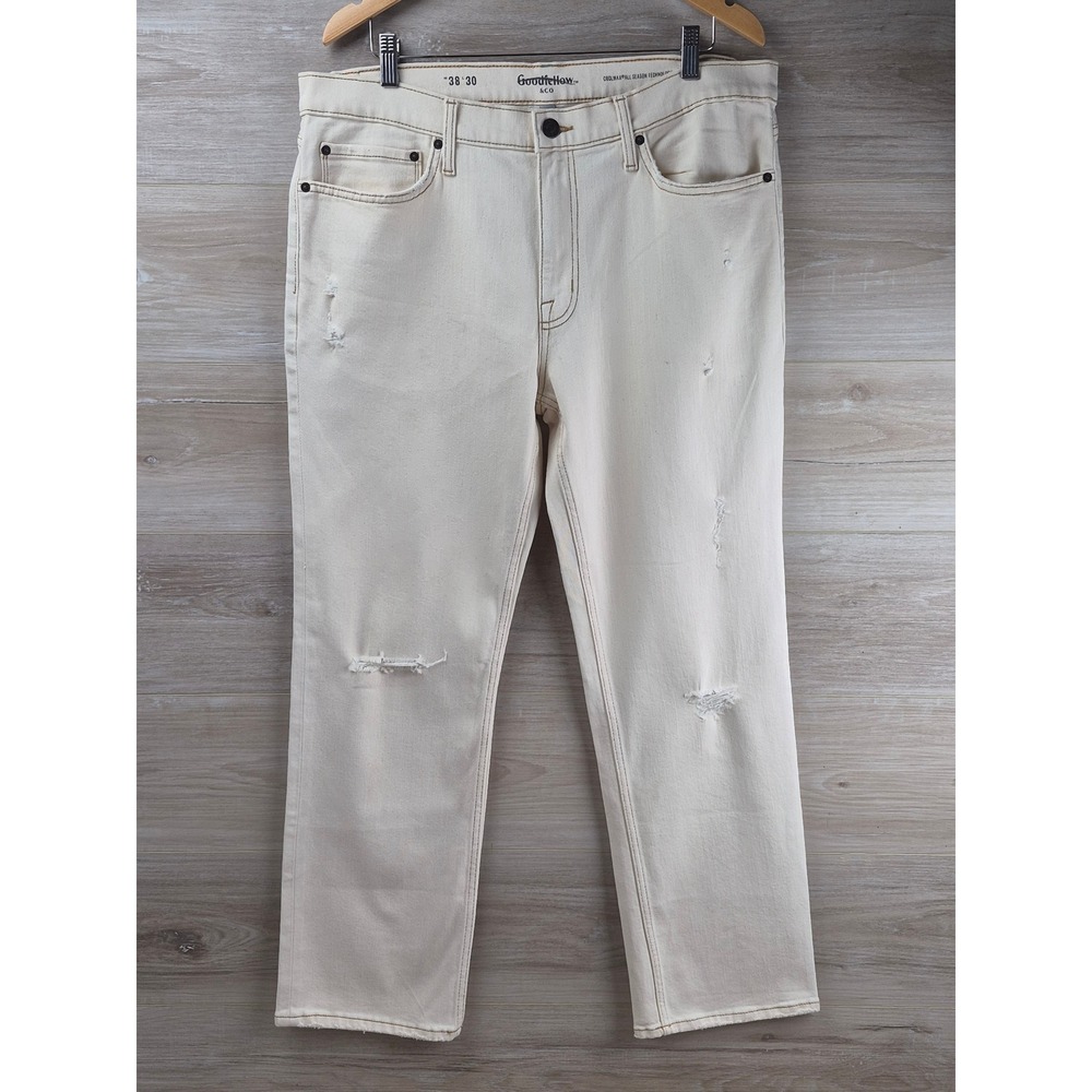 Goodfellow & Co Straight Jeans Mens 38x30 Cream NWT Coolmax Distressed Off-White
